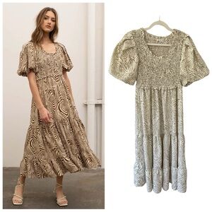 Moon River Swirl Print Smocked Puff Sleeve Tiered Midi Dress Green Cream